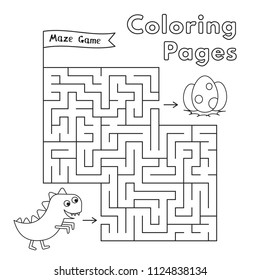Cartoon dinosaur maze game. Vector coloring book pages for children