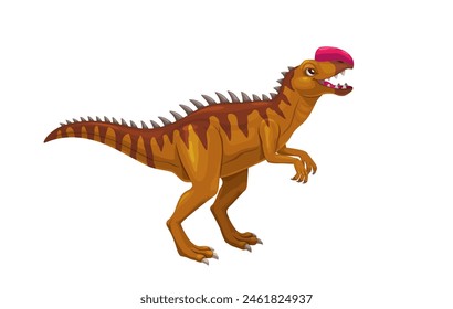 Dinosaurio de dibujos animados Monolophosaurus o personaje de dino para niños Jurásico colección, Vector reptil extinto. Caricatura Monolophosaurus dinosaurio para niños reptiles prehistóricos estudio o juego de arqueología