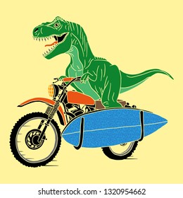 Cartoon dinosaur with motorcycle illustration, vector. T shirt graphic design for kids