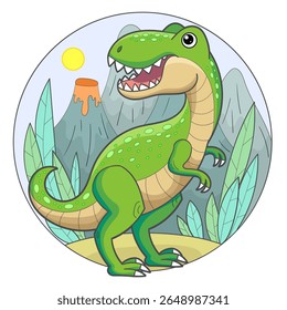 Cartoon dinosaur on the background of the landscape. Composition in a circle. For children's design of prints, posters, postcards, stickers, puzzles, etc. Vector illustration