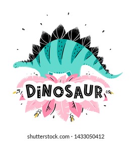 Cartoon dinosaur on the background of pink tropical leaves. Vector illustration for baby clothes, t-shirts, fabric