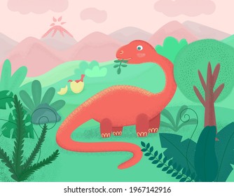 Cartoon-Dinosaurier auf Landschaftshintergrund. uralte Welt. Brontosaurus und Dino der neuen Generation. bunter bezaubernder Berg, Land, Wiese und Dschungel. süßes und freundliches Bild für Kinderartikel und Zimmerausstattung