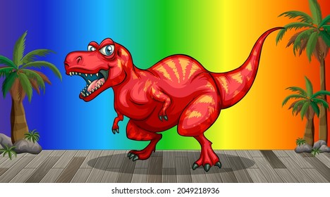 Cartoon dinosaur on rainbow gradient background illustration