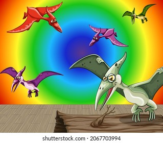 Cartoon dinosaur on rainbow gradient background illustration