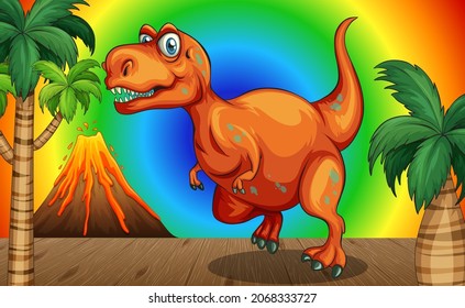Cartoon dinosaur on rainbow gradient background illustration