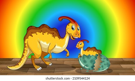 Cartoon dinosaur on rainbow gradient background illustration