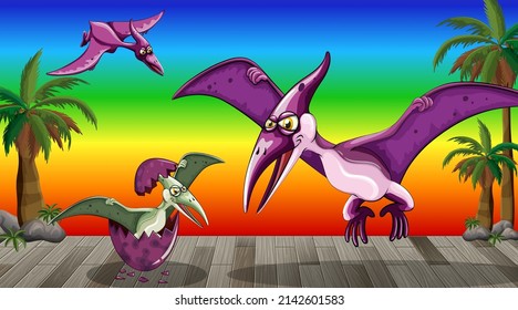 Cartoon dinosaur on rainbow gradient background illustration