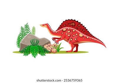 Cartoon dinosaur Ouranosaurus or prehistoric lizard in Jurassic park forest, vector dino character. Prehistoric funny dinosaur lizard of Ouranosaurus species for kids dino atlas or paleontology toy