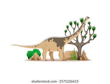 Cartoon dinosaur Paralititan or prehistoric lizard in Jurassic park forest, vector dino character. Prehistoric funny giant dinosaur lizard Paralititan of titanosaurus species for kids paleontology