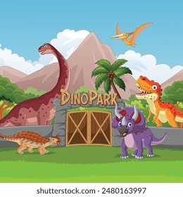 Cartoon dinosaur park with various dinosaur