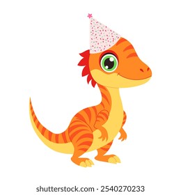 A cartoon dinosaur with a party hat on. The hat is decorated with sprinkles. The dinosaur is standing on a white background