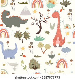 Cartoon dinosaur and plants, doodle. Seamless pattern with hand drawn nature, dino, plants, rainbows on white background.