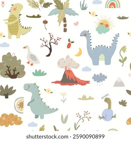 Cartoon dinosaur and plants, doodle. Seamless pattern with hand drawn nature, dino, plants, rainbows on white background.