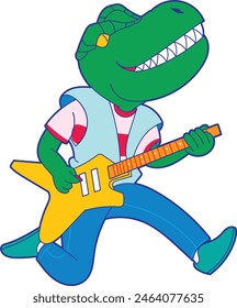 a cartoon of a dinosaur playing a guitar with a dinosaur on it.