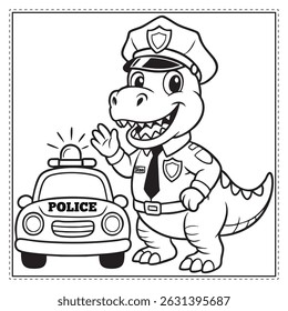 Cartoon Dinosaur Police Officer Coloring Page Imprimível Preto e Branco Line Arte para Crianças