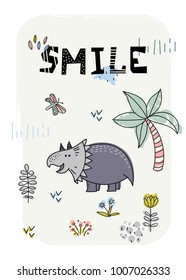 Cartoon dinosaur poster. Vector illustration. T-Shirt Design & Printing, clothes for kids. Smile