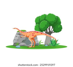 Dinosaurio de dibujos animados, prehistórico Archeornithomimus dino en la selva, personaje de Vector. Era jurásica o personaje de dinosaurio prehistórico de la especie Archeornithomimus para niños lagarto de paleontología divertido