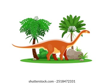 Dinosaurio de dibujos animados, personaje prehistórico de Cetiosaurus en la selva, lagarto jurásico del Vector. Personaje de dinosaurio divertido prehistórico o dinosaurio Cetiosaurus con prehistoria para lagarto de juguete o reptil