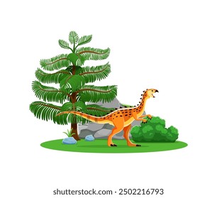 Dinosaurio de dibujos animados, personaje prehistórico de Scutellosaurus en la selva, lagarto jurásico del Vector. Dinosaurio prehistórico o Scutellosaurus personaje de dinosaurio divertido para niño prehistórico lagarto de juguete o reptil