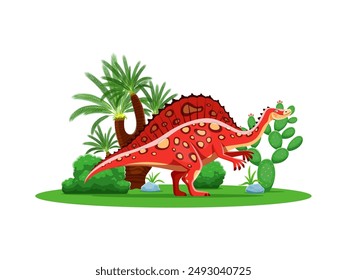 Cartoon dinosaur, prehistoric dino character, Ouranosaurus in jungle forest, vector Jurassic era. Prehistoric dinosaur character of Ouranosaurus dino with funny face for prehistory lizard and reptile