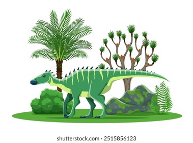 Dinosaurio de dibujos animados o personaje de lagarto prehistórico del parque jurásico, Vector Shantungosaurus dino. Lagarto de dinosaurio divertido prehistórico de especies de Shantungosaurus en el bosque de la selva con árboles y palmeras