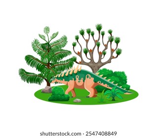 Cartoon dinosaur and prehistoric lizard character in forest, vector Polacanthus dino animal. Jurassic park or Cretaceous era and prehistoric period Polacanthus dinosaur with spikes on back in park