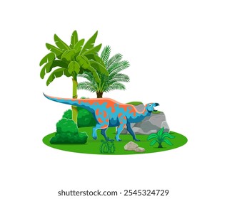 Dinossauro de desenhos animados e lagarto pré-histórico do Iguanodon, animal vetor do período Jurássico ou Cretáceo. Espécies de dinossauros pré-históricos do Iguanodon ou dino engraçado no parque da selva para a coleção de crianças