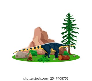 Dinossauro de desenhos animados ou lagarto pré-histórico Magyarosaurus na floresta da era Jurássica, caráter vetorial. Dinossauro pré-histórico Espécie de Magyarosaurus ou dino engraçado no parque da selva para crianças Coleção jurássica