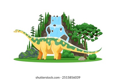 Dinosaurio de dibujos animados o lagarto prehistórico Opisthocoelicaudia, personaje de Vector para niños colección jurásica. Dinosaurio prehistórico Opisthocoelicaudia divertido dino en bosque de selva con cascada de montaña