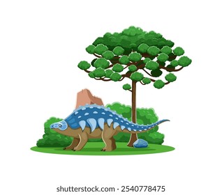 Dinosaurio de dibujos animados y lagarto prehistórico Panoplosaurus para colección de dinosaurio, personaje de Vector. Divertido dinosaurio prehistórico Panoplosaurus en bosque de selva, Jurásico o Cretácico era animal lagarto extinto