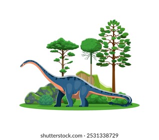 Dinosaurio de dibujos animados y lagarto prehistórico Shunosaurus para paleontología infantil, personaje de Vector. Dinosaurio prehistórico Shunosaurus en la selva de la era jurásica para animales lagarto extintos colección