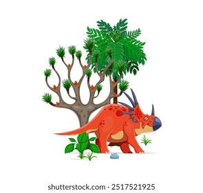 Dinosaurio de dibujos animados o lagarto prehistórico Styracosaurus en el bosque jurásico, personaje de dinosaurio de Vector. Lagarto dinosaurio prehistórico Styracosaurus del Cretácico para niños dino paleontología enciclopedia