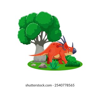 Dinossauro de desenhos animados ou lagarto pré-histórico Styracosaurus no parque florestal da selva, caráter de dino vetorial. Lagarto de dinossauro engraçado pré-histórico, espécies de Styracosaurus do Jurássico ou do Cretáceo na floresta