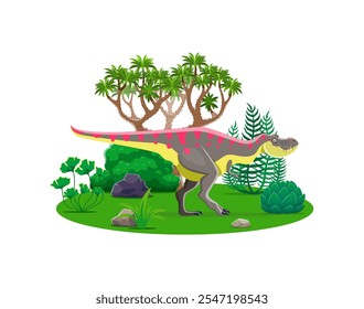 Cartoon dinosaur or prehistoric lizard Tarbosaurus in jungle forest, vector dino character. Prehistoric dinosaur lizard, Tarbosaurus of Jurassic or Cretaceous era for kids paleontology encyclopedia