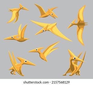 Cartoon Dinosaur Pteranodon Cute Various Poses Cartoon Vector Illustration