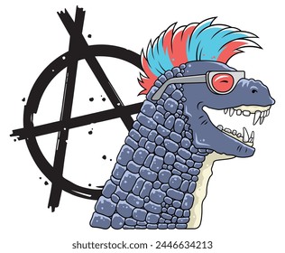 Cartoon dinosaur in punk rock style for kid clothing design. Vector illustration of Dino and punk anarchy symbol