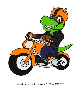 Cartoon dinosaur raptor riding motorbike. Biker dino with helmet and googles. Isolated on white background. For printing on cloths and funny mascot logo for moto company.