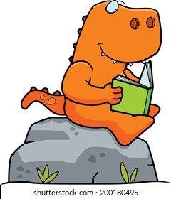 A Cartoon Dinosaur Reading A Book On A Rock.