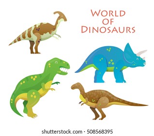 Cartoon dinosaur or reptile animal, prehistoric dino. Tyrannosaurus rex or t-rex and Triceratops, Velociraptor and Parasaurolophus lizard. Reptile illustration and extinct fossil, paleontology theme