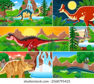 Cartoon dinosaur and reptile animals characters collage in prehistoric jungle forest with waterfall. Funny jurassic dino and crocodile vector personages of carnotaurus, sarcosuchus and tarbosaurus