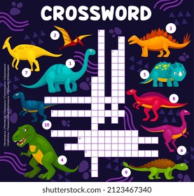 Cartoon dinosaur reptiles, crossword vector worksheet or find word quiz game. Kids cross word puzzle game grid with Jurassic dino brontosaurus, pterodactyl or stegosaurus and tyrannosaurus T-rex