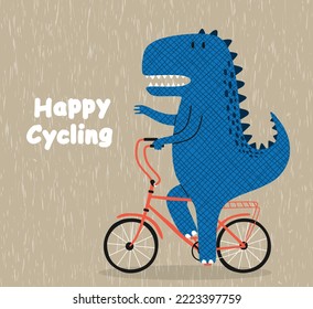 Cartoon dinosaur riding a bike. Cute dino on a bicycle.