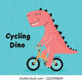 Cartoon dinosaur riding a bike. Cute dino on a bicycle.