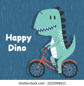 Cartoon dinosaur riding a bike. Cute dino on a bicycle.