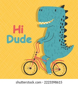 Cartoon dinosaur riding a bike. Cute dino on a bicycle.