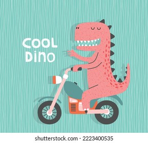 Cartoon dinosaur riding a motorcycle. Cute dino on a motorbike.