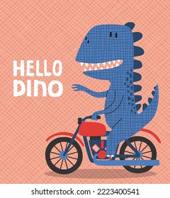 Cartoon dinosaur riding a motorcycle. Cute dino on a motorbike.