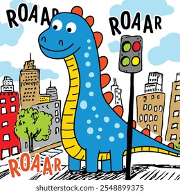 Cartoon Dinosaur perambulando pela cidade com semáforo e fundo urbano colorido  
