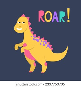 Cartoon dinosaur with "ROAR" lettering. Vector illustration.