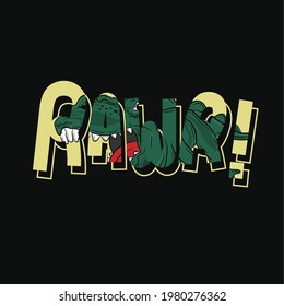 Cartón del logo del logotipo de Dinosaur Roar o camiseta de diseño gráfico textil Ilustración a mano del vector fondo negro. 